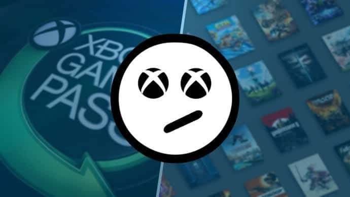 Split image of the Xbox Game Pass logo on the left, a collage of its catalogue on the right, with a sloped-mouth emoji with Xbox logos for eyes in the centre