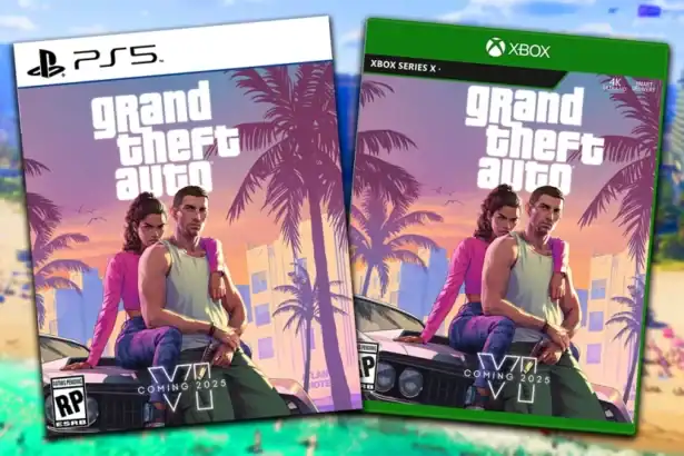 Two video game covers for Grand Theft Auto VI (GTA 6) are displayed side-by-side. The cover on the left is for PlayStation 5 (PS5). The cover on the right is for Xbox Series X. Both covers show the same artwork: two characters, a man and a woman, sitting on the hood of a car with a sunset, palm trees, and a cityscape in the background. The game's logo, "Grand Theft Auto VI", is prominently displayed on both covers. Both also include "Coming 2025". The background is the beach and skyline of Vice City.