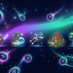 Pixel-art scene of five Solana games — knight, tropical island, spaceship shooter, farm, tree — surrounded by floating SOL tokens on a purple-and-teal gradient space background