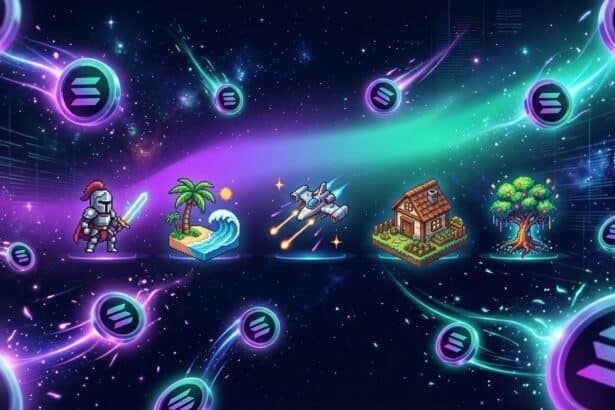 Pixel-art scene of five Solana games — knight, tropical island, spaceship shooter, farm, tree — surrounded by floating SOL tokens on a purple-and-teal gradient space background