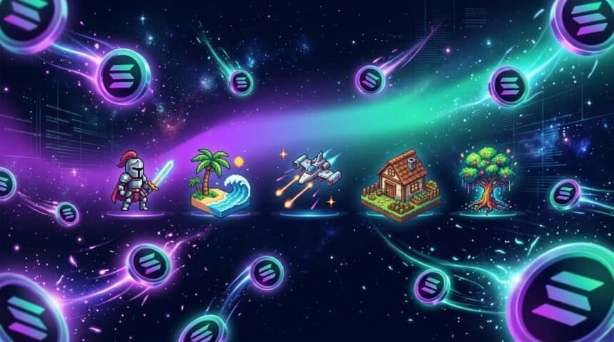 Pixel-art scene of five Solana games — knight, tropical island, spaceship shooter, farm, tree — surrounded by floating SOL tokens on a purple-and-teal gradient space background