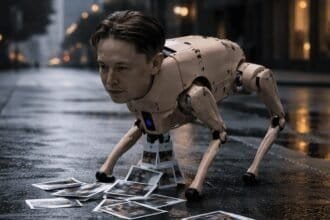 Elon Musk's robot dog defecates printed photos in San Francisco streets.