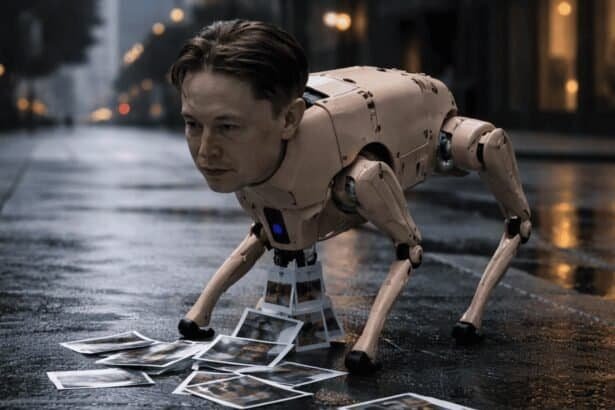 Elon Musk's robot dog defecates printed photos in San Francisco streets.