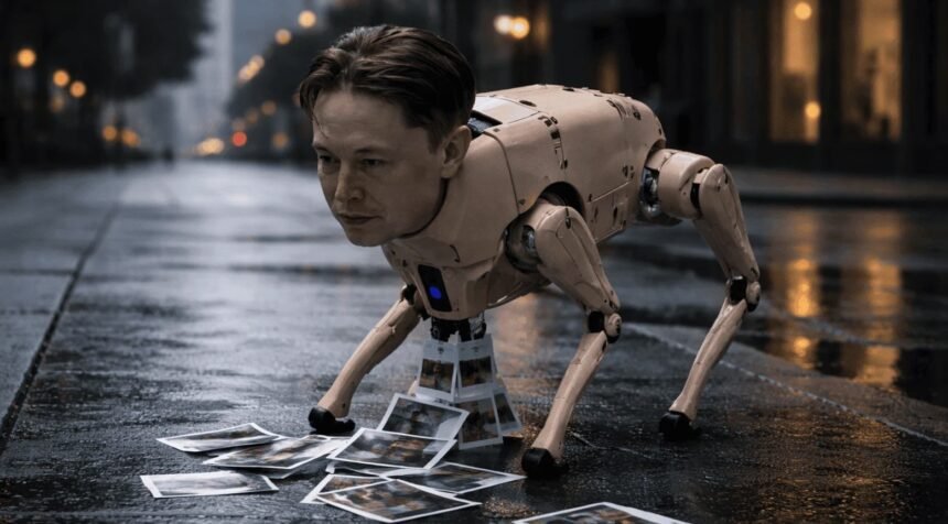 Elon Musk's robot dog defecates printed photos in San Francisco streets.
