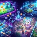 Collage of five play-to-earn games: GAMEE golf on mobile, Heroes of Mavia strategy, Onchain Heroes pixel hero, Pudgy World penguin, Sandbox voxel scene