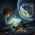 A child plays a game on a tablet while a large mechanical lens monitors him with corporate oversight and data harvesting overlays