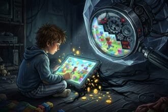 A child plays a game on a tablet while a large mechanical lens monitors him with corporate oversight and data harvesting overlays