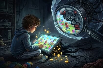 A child plays a game on a tablet while a large mechanical lens monitors him with corporate oversight and data harvesting overlays