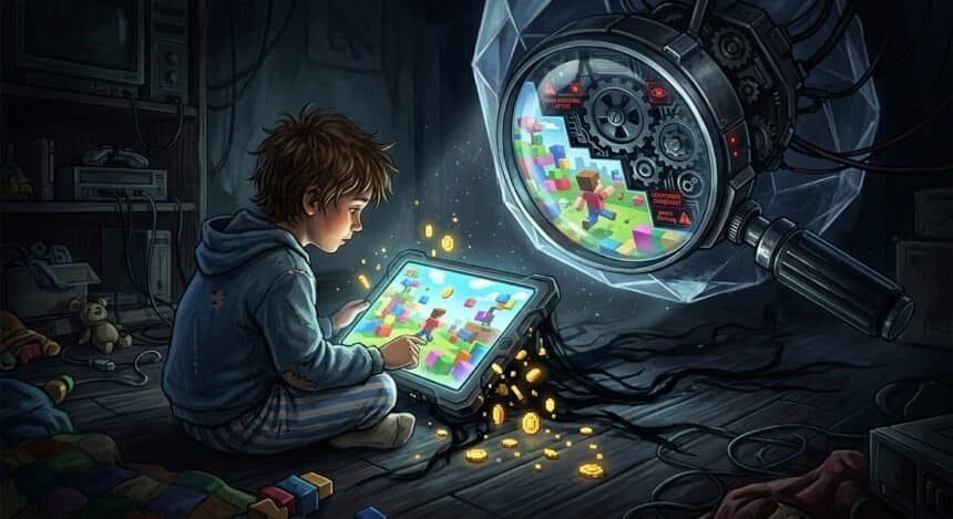 A child plays a game on a tablet while a large mechanical lens monitors him with corporate oversight and data harvesting overlays