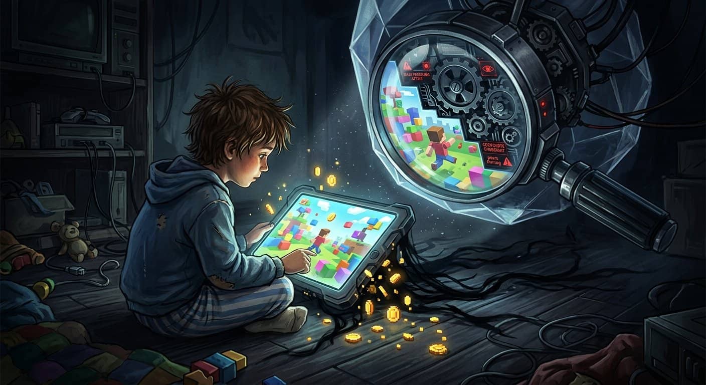 A child plays a game on a tablet while a large mechanical lens monitors him with corporate oversight and data harvesting overlays