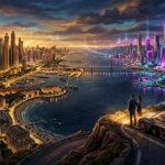 A couple and a futuristic car on a cliff overlooking a city transitioning from a golden sunset to a neon-lit night
