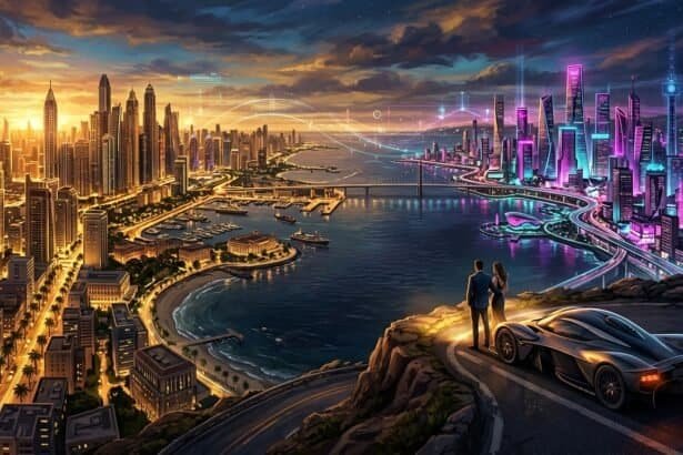 A couple and a futuristic car on a cliff overlooking a city transitioning from a golden sunset to a neon-lit night