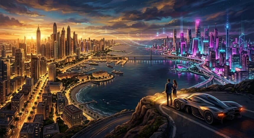 A couple and a futuristic car on a cliff overlooking a city transitioning from a golden sunset to a neon-lit night