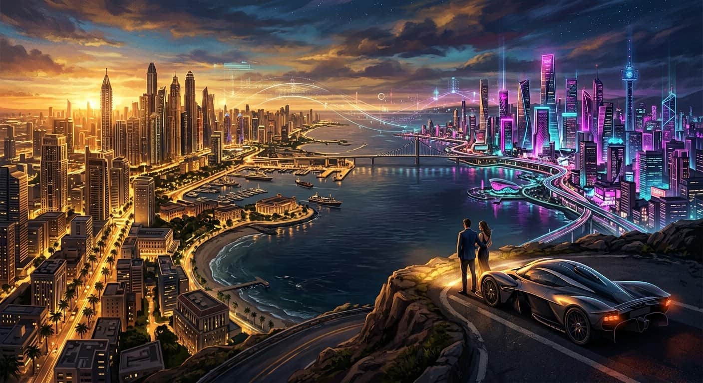 A couple and a futuristic car on a cliff overlooking a city transitioning from a golden sunset to a neon-lit night