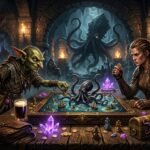 A goblin and a warrior play a nautical board game in a dimly lit fantasy tavern filled with treasure and crystals