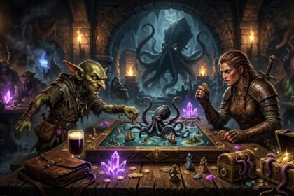 A goblin and a warrior play a nautical board game in a dimly lit fantasy tavern filled with treasure and crystals