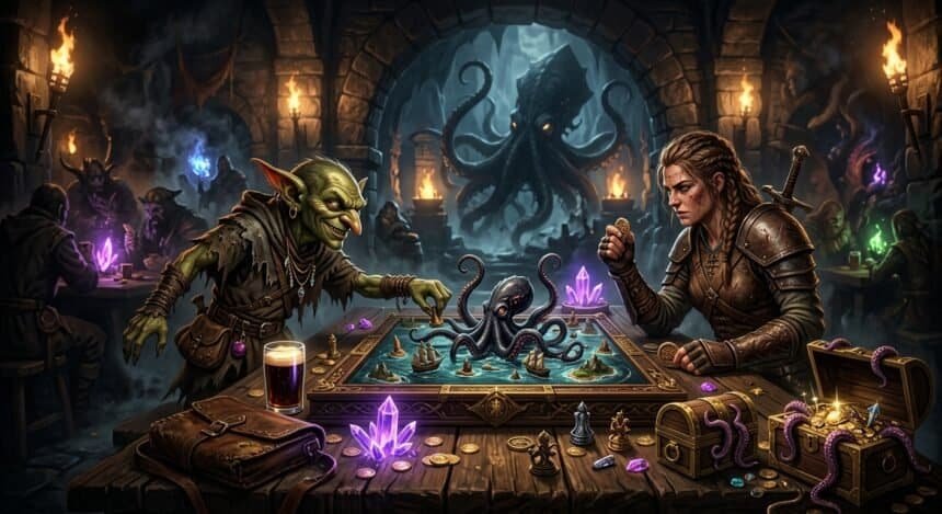 A goblin and a warrior play a nautical board game in a dimly lit fantasy tavern filled with treasure and crystals