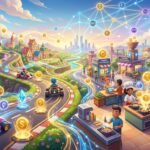 Characters in a vibrant digital world earn cryptocurrency through racing and cooking, connected by a blockchain network