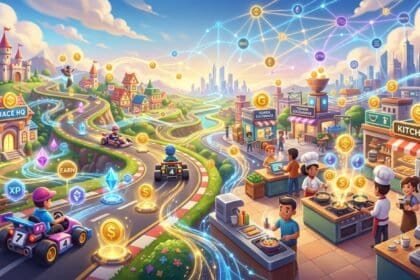 Characters in a vibrant digital world earn cryptocurrency through racing and cooking, connected by a blockchain network