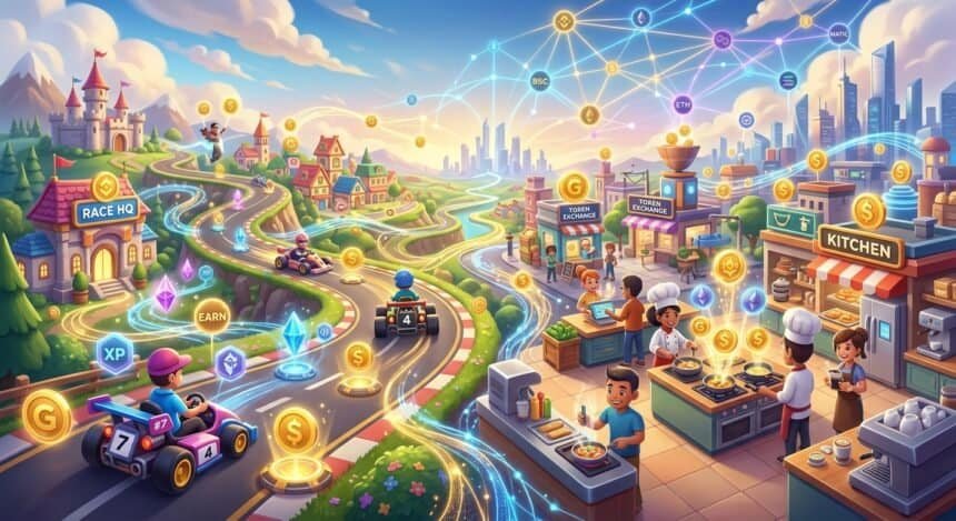 Characters in a vibrant digital world earn cryptocurrency through racing and cooking, connected by a blockchain network
