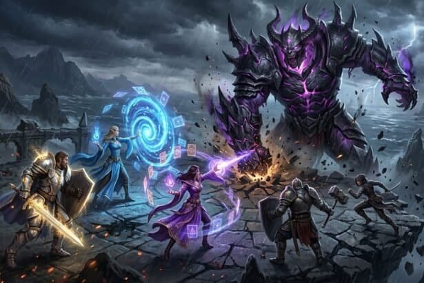 Five fantasy heroes battle a massive, dark-armored giant glowing with purple energy on a stormy cliffside