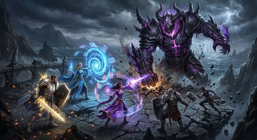 Five fantasy heroes battle a massive, dark-armored giant glowing with purple energy on a stormy cliffside
