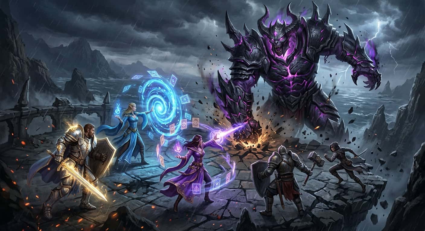 Five fantasy heroes battle a massive, dark-armored giant glowing with purple energy on a stormy cliffside