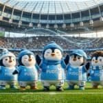 Five Pudgy Penguins in blue soccer kits stand on a field in a packed stadium named Pudgy Arena