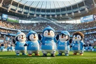Five Pudgy Penguins in blue soccer kits stand on a field in a packed stadium named Pudgy Arena