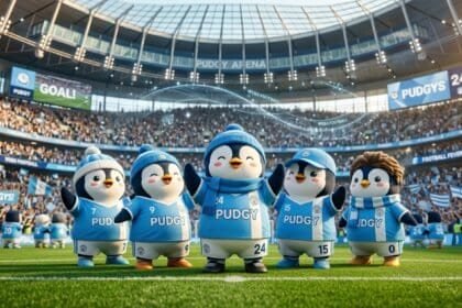 Five Pudgy Penguins in blue soccer kits stand on a field in a packed stadium named Pudgy Arena