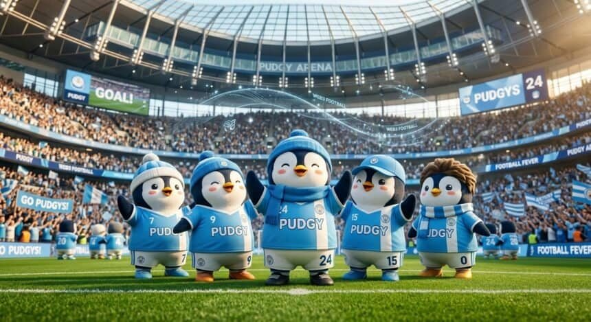 Five Pudgy Penguins in blue soccer kits stand on a field in a packed stadium named Pudgy Arena