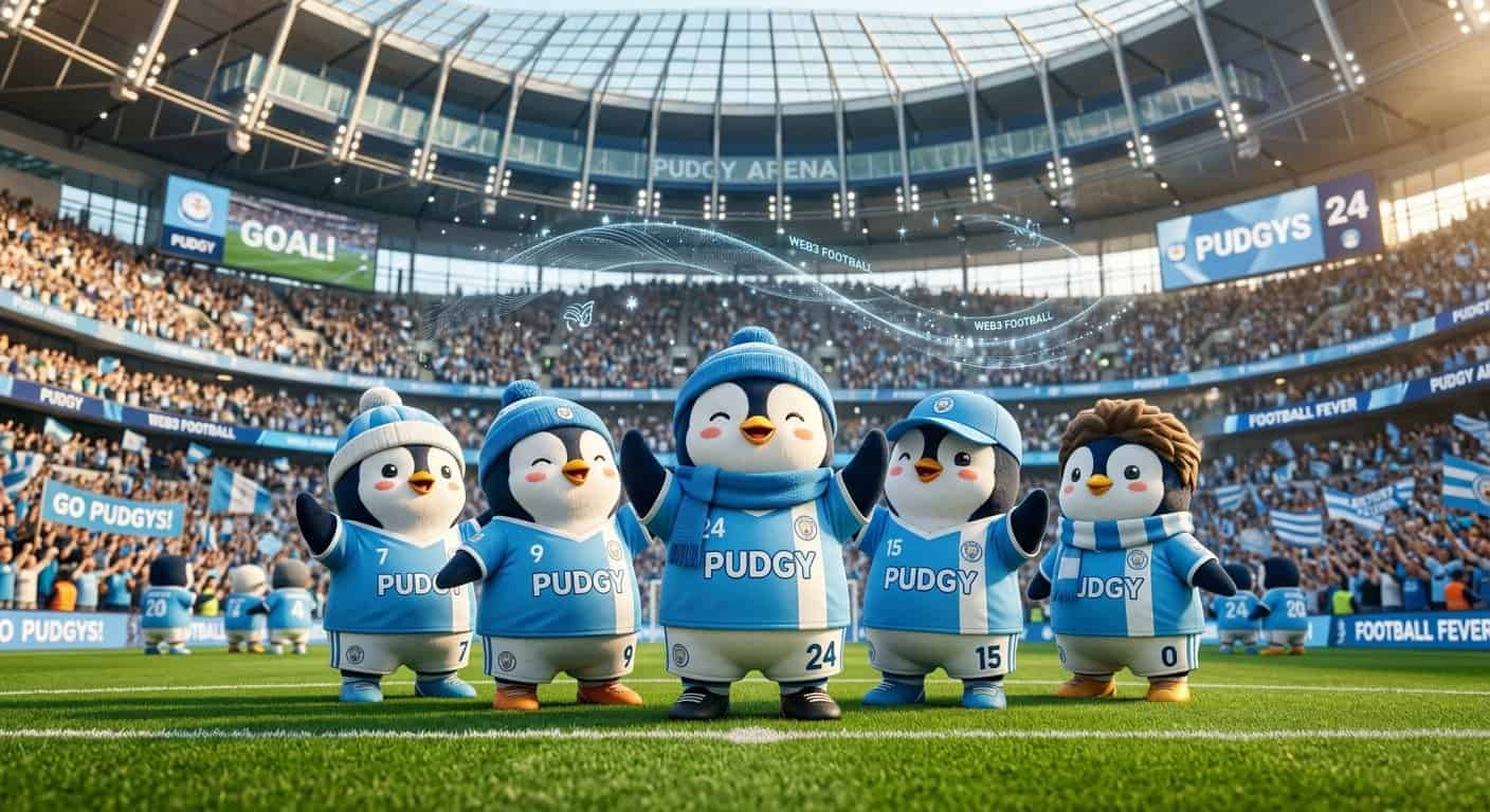 Pudgy Penguins Extends Partnership With Manchester City Five Pudgy Penguins in blue soccer kits stand on a field in a packed stadium named Pudgy Arena