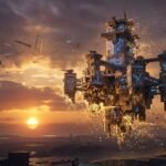 Futuristic floating fortress with glowing blue circuits and golden sparks against a sunset over a digital landscape