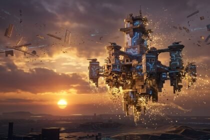Futuristic floating fortress with glowing blue circuits and golden sparks against a sunset over a digital landscape