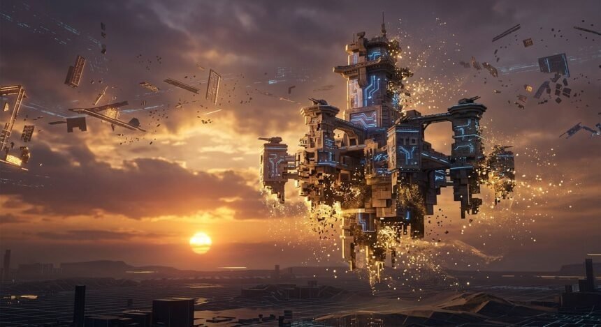 Futuristic floating fortress with glowing blue circuits and golden sparks against a sunset over a digital landscape