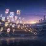 Glowing digital character cards float in a futuristic stadium against a neon city skyline at night