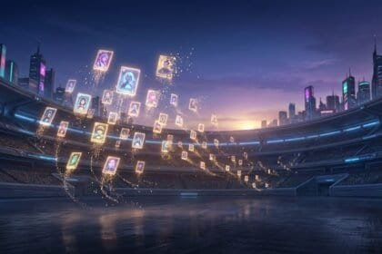 Glowing digital character cards float in a futuristic stadium against a neon city skyline at night