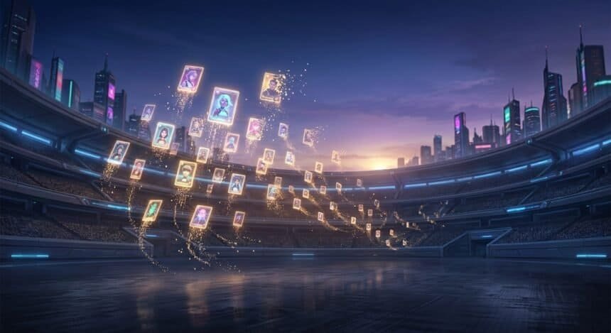Glowing digital character cards float in a futuristic stadium against a neon city skyline at night