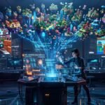 A developer uses the Voxel Universe Builder holographic interface to create 3D environments and 2D platformer games