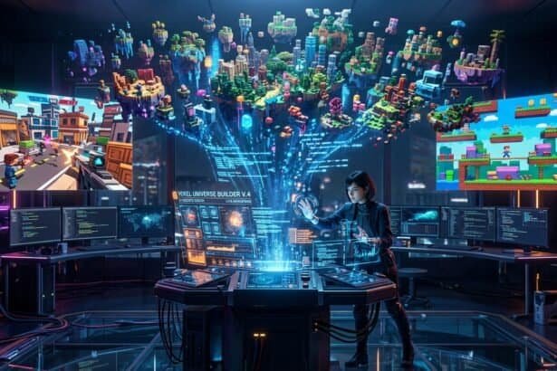 A developer uses the Voxel Universe Builder holographic interface to create 3D environments and 2D platformer games