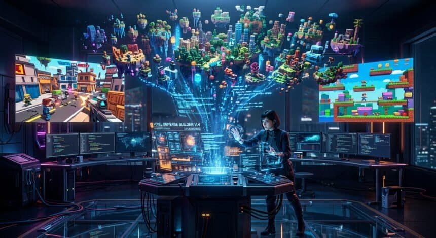 A developer uses the Voxel Universe Builder holographic interface to create 3D environments and 2D platformer games