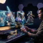 A gamer with a controller viewing holographic NFT assets like a sword and armor, labeled with blockchain terminology