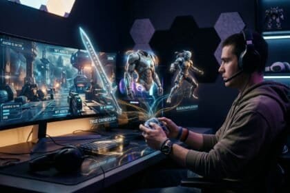 A gamer with a controller viewing holographic NFT assets like a sword and armor, labeled with blockchain terminology