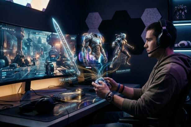 A gamer with a controller viewing holographic NFT assets like a sword and armor, labeled with blockchain terminology