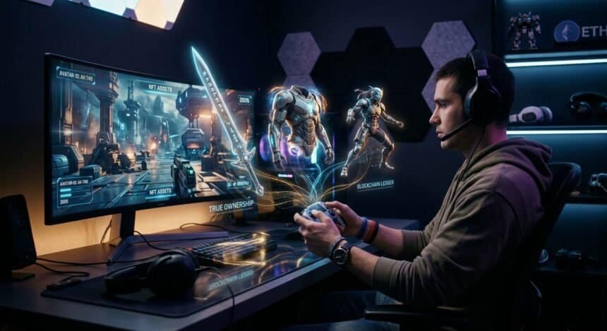 A gamer with a controller viewing holographic NFT assets like a sword and armor, labeled with blockchain terminology