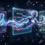 A glowing digital entity moving through floating interfaces for social media, messaging, and gaming