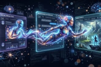 A glowing digital entity moving through floating interfaces for social media, messaging, and gaming
