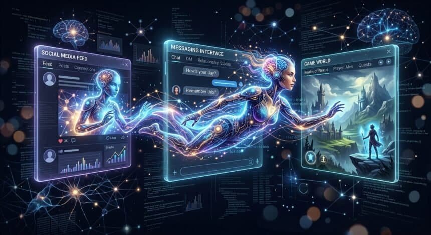 A glowing digital entity moving through floating interfaces for social media, messaging, and gaming