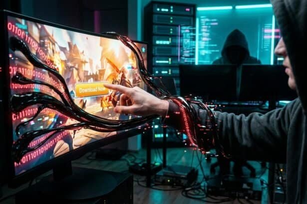 A hooded person reaching for a Download Now button as black tentacles with binary code emerge from the screen