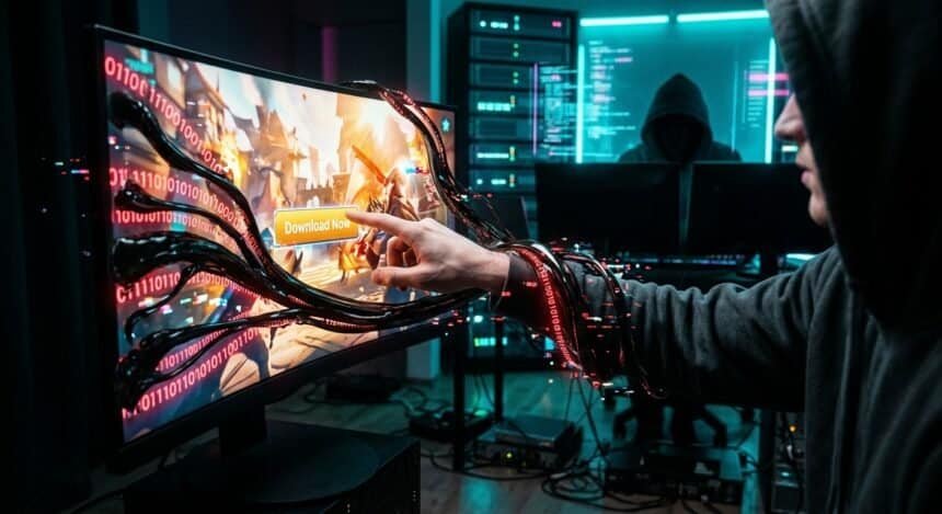 A hooded person reaching for a Download Now button as black tentacles with binary code emerge from the screen